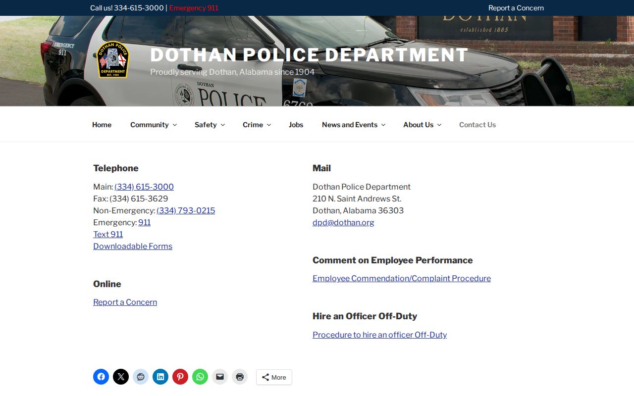 Dothan Police Department holding and release records contact page