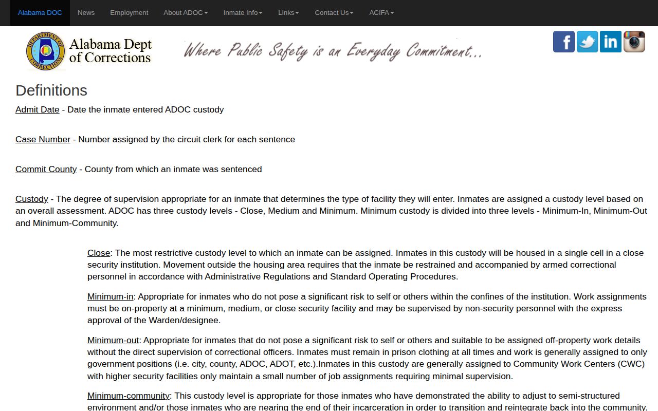 ADOC definitions page explaining minimum release date and parole status fields