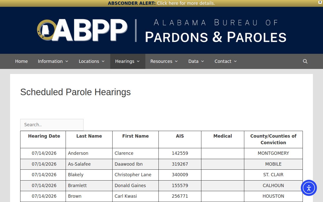 Alabama scheduled parole hearings page for checking upcoming parole board events