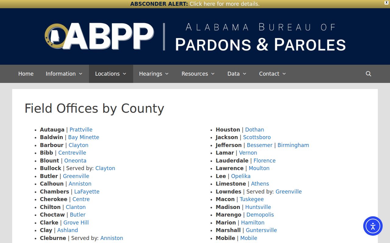 Alabama Bureau of Pardons and Paroles field offices by county page showing Houston County routing