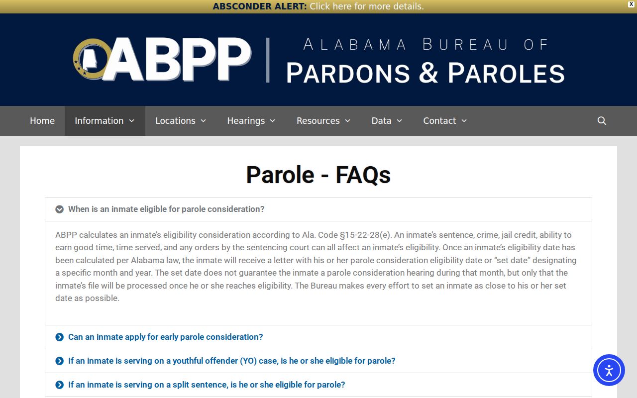 Alabama parole guidance page explaining eligibility and set date calculations
