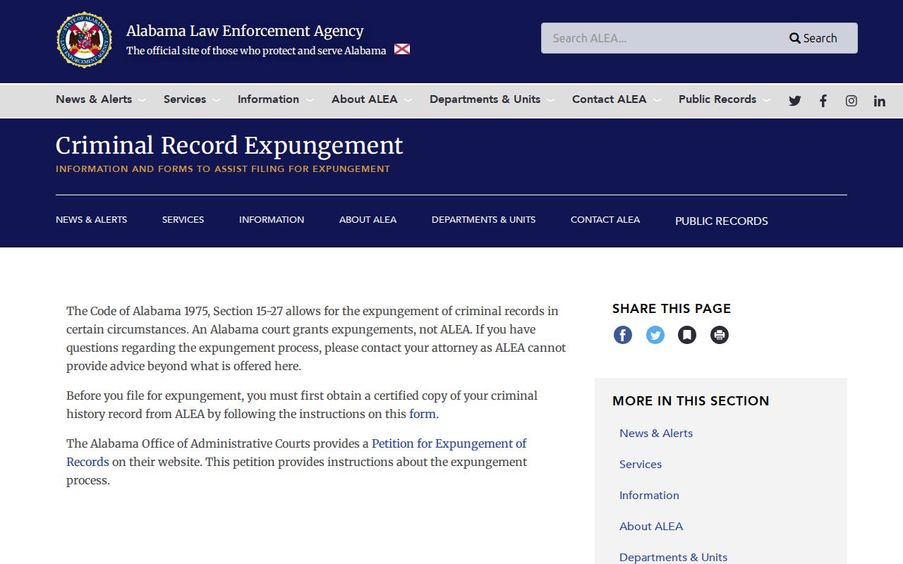 ALEA criminal record expungement page for Alabama booking photo correction context