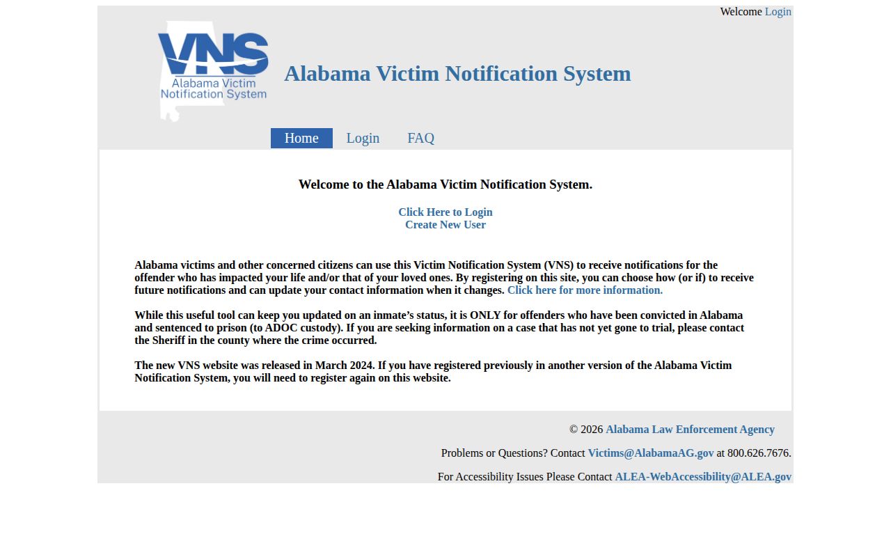Alabama Victim Notification System page for ADOC sentenced offender notifications