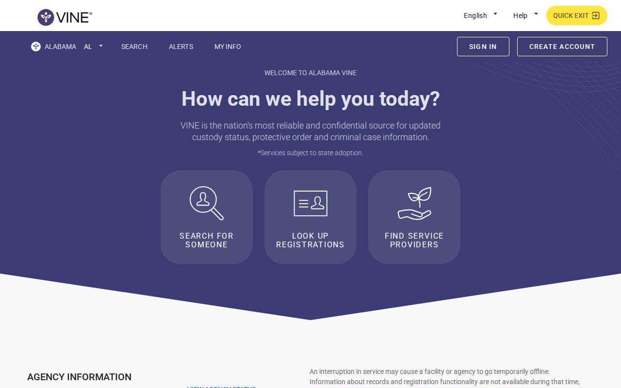 Alabama VINELink page for inmate custody status and release notification searches