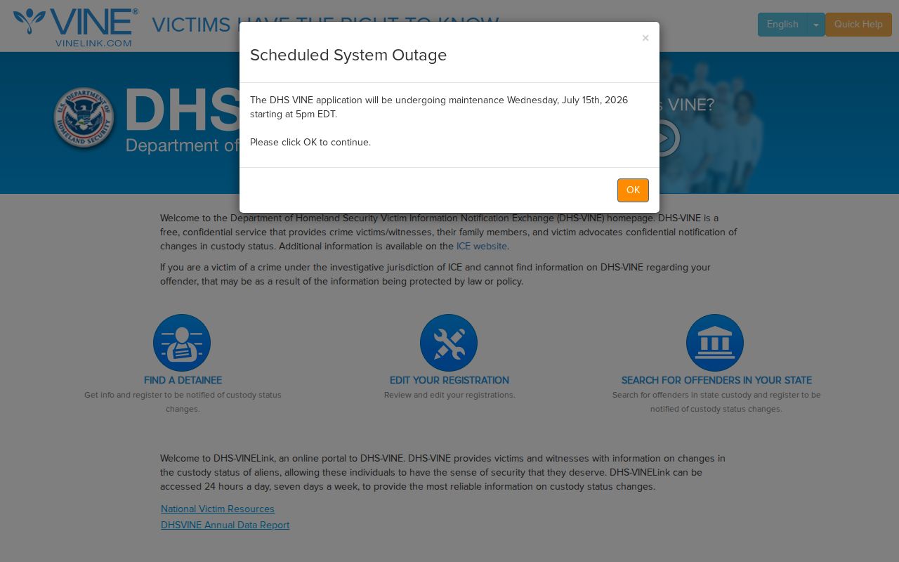 DHS VINELink page for ICE custody status notifications separate from Alabama county jail releases